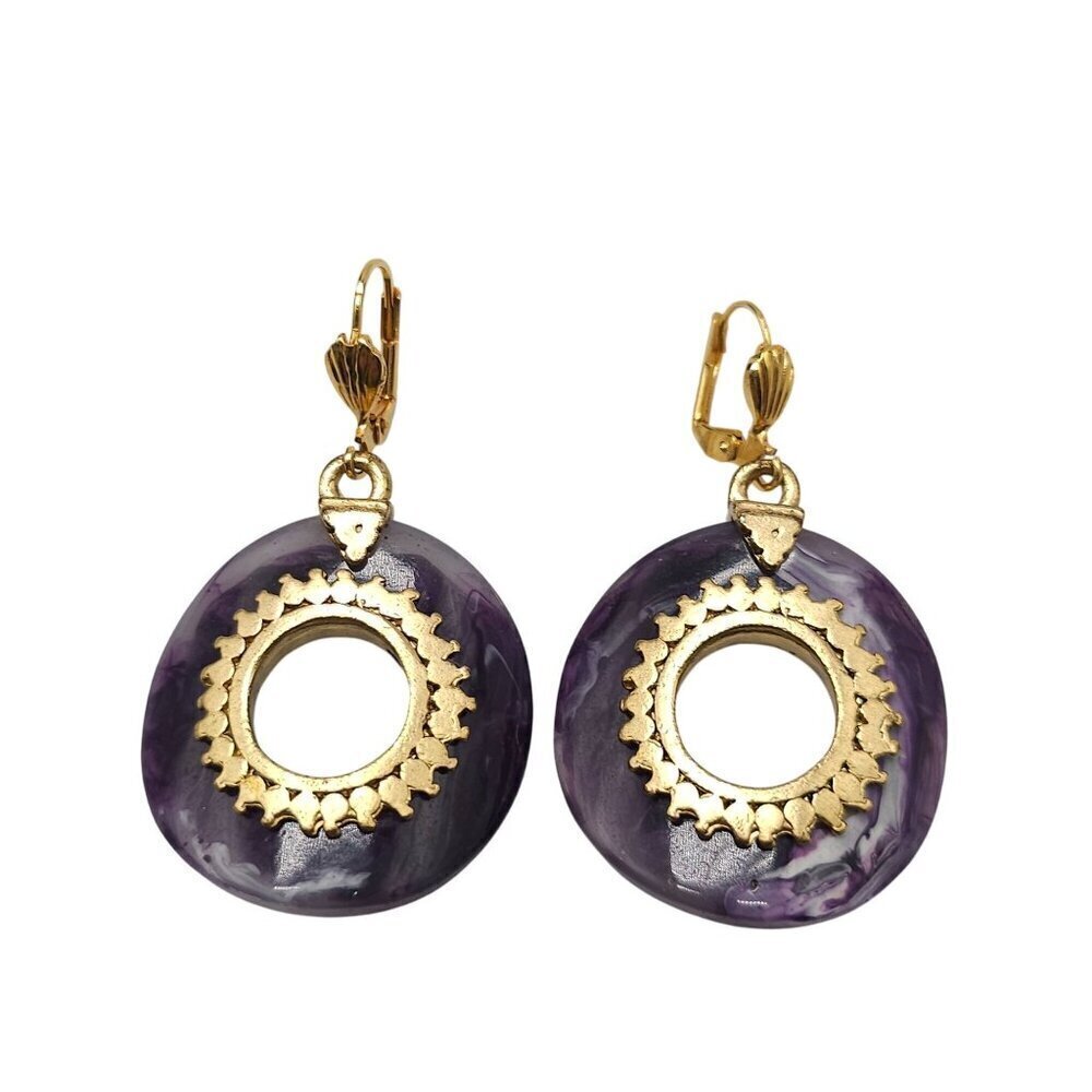 Purple Gold Dangling Earrings With Sunburst Design and Swirled Resin Accents